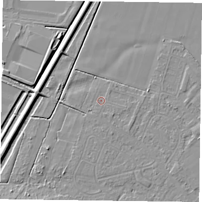 Shaded relief map of the ground around DN84HS, computed from Environment Agency LiDAR. The ground here sits at about 3 m above sea level and falls 7 m across the surrounding 800 m. Surface water reaching this point runs off ground lying to the south-east, 1.0 m higher.