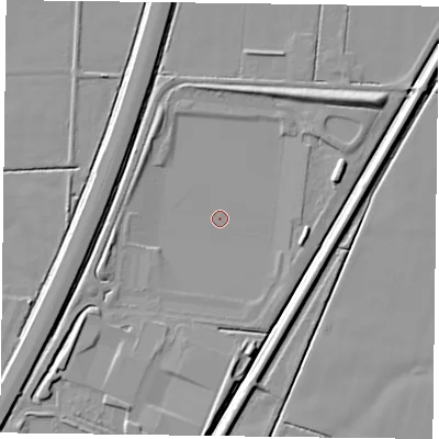 Shaded relief map of the ground around DN84HT, computed from Environment Agency LiDAR. The ground here sits at about 2 m above sea level and falls 7 m across the surrounding 800 m. Surface water reaching this point runs off ground lying to the south-west, 1.3 m higher.