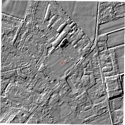 Shaded relief map of the ground around DN84HU, computed from Environment Agency LiDAR. The ground here sits at about 3 m above sea level and falls 5 m across the surrounding 800 m. Surface water reaching this point runs off ground lying to the west-south-west, 0.5 m higher.