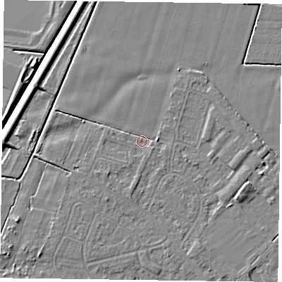 Shaded relief map of the ground around DN84HW, computed from Environment Agency LiDAR. The ground here sits at about 2 m above sea level and falls 6 m across the surrounding 800 m. Surface water reaching this point runs off ground lying to the east, 1.5 m higher.