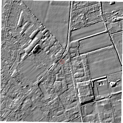 Shaded relief map of the ground around DN84HX, computed from Environment Agency LiDAR. The ground here sits at about 2 m above sea level and falls 5 m across the surrounding 800 m. Surface water reaching this point runs off ground lying to the west-north-west, 2.8 m higher.