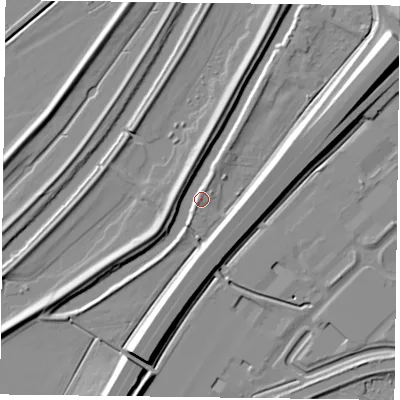 Shaded relief map of the ground around DN84HY, computed from Environment Agency LiDAR. The ground here sits at about 5 m above sea level and falls 11 m across the surrounding 800 m. Surface water reaching this point runs off ground lying to the south, 5.9 m higher.