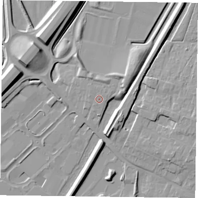 Shaded relief map of the ground around DN84JB, computed from Environment Agency LiDAR. The ground here sits at about 7 m above sea level and falls 12 m across the surrounding 800 m. Surface water reaching this point runs off ground lying to the west-north-west, 0.5 m higher.
