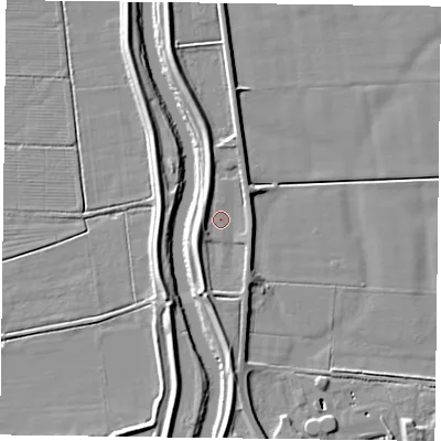 Shaded relief map of the ground around DN84JD, computed from Environment Agency LiDAR. The ground here sits at about 5 m above sea level and falls 8 m across the surrounding 800 m. Surface water reaching this point runs off ground lying to the south, 3.7 m higher.