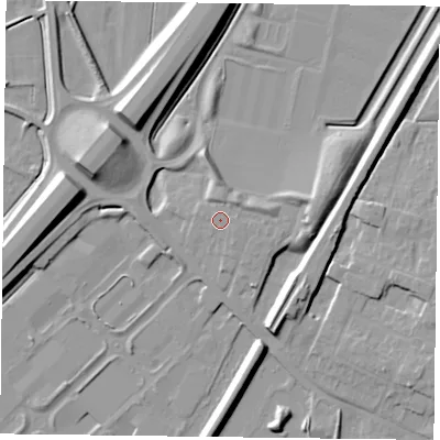 Shaded relief map of the ground around DN84JE, computed from Environment Agency LiDAR. The ground here sits at about 7 m above sea level and falls 12 m across the surrounding 800 m. Surface water reaching this point runs off ground lying to the east-south-east, 0.6 m higher.