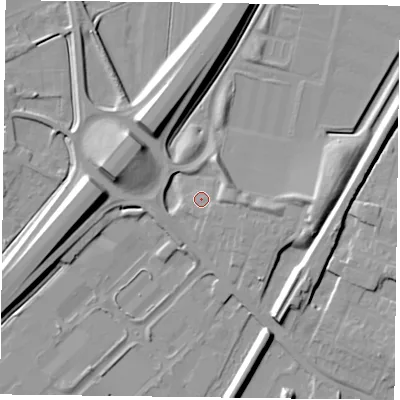 Shaded relief map of the ground around DN84JF, computed from Environment Agency LiDAR. The ground here sits at about 6 m above sea level and falls 12 m across the surrounding 800 m. Surface water reaching this point runs off ground lying to the north-north-east, 4.2 m higher.