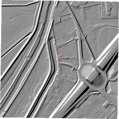 Shaded relief map of the ground around DN84JH, computed from Environment Agency LiDAR. The ground here sits at about 5 m above sea level and falls 11 m across the surrounding 800 m. Surface water reaching this point runs off ground lying to the south-west, 5.1 m higher.