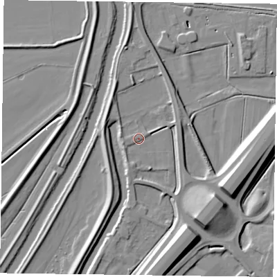 Shaded relief map of the ground around DN84JJ, computed from Environment Agency LiDAR. The ground here sits at about 4 m above sea level and falls 13 m across the surrounding 800 m. Surface water reaching this point runs off ground lying to the north-north-west, 4.8 m higher.