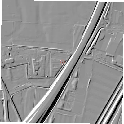 Shaded relief map of the ground around DN84JL, computed from Environment Agency LiDAR. The ground here sits at about 4 m above sea level and falls 13 m across the surrounding 800 m. Surface water reaching this point runs off ground lying to the north-north-west, 2.2 m higher.
