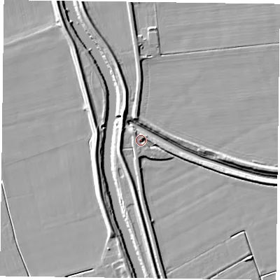 Shaded relief map of the ground around DN84JP, computed from Environment Agency LiDAR. The ground here sits at about 5 m above sea level and falls 5 m across the surrounding 800 m. Surface water reaching this point runs off ground lying to the west-north-west, 3.0 m higher.