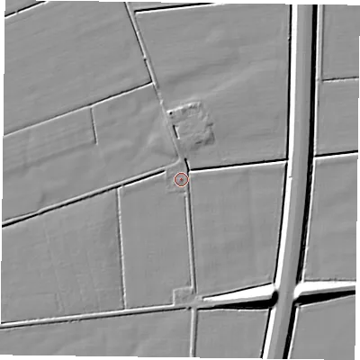 Shaded relief map of the ground around DN84JT, computed from Environment Agency LiDAR. The ground here sits at about 3 m above sea level and falls 11 m across the surrounding 800 m. Surface water reaching this point runs off ground lying to the south, 1.1 m higher.