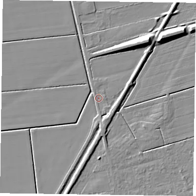 Shaded relief map of the ground around DN84JU, computed from Environment Agency LiDAR. The ground here sits at about 2 m above sea level and falls 11 m across the surrounding 800 m. Surface water reaching this point runs off ground lying to the north-east, 9.7 m higher.