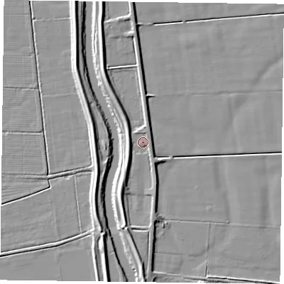 Shaded relief map of the ground around DN84JW, computed from Environment Agency LiDAR. The ground here sits at about 5 m above sea level and falls 6 m across the surrounding 800 m. Surface water reaching this point runs off ground lying to the south, 3.7 m higher.
