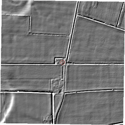 Shaded relief map of the ground around DN84JZ, computed from Environment Agency LiDAR. The ground here sits at about 2 m above sea level and falls 3 m across the surrounding 800 m. Surface water reaching this point runs off ground lying to the north-east, 1.5 m higher.