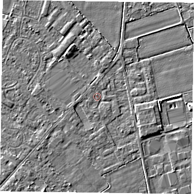 Shaded relief map of the ground around DN84LA, computed from Environment Agency LiDAR. The ground here sits at about 2 m above sea level and falls 7 m across the surrounding 800 m. Surface water reaching this point runs off ground lying to the south-east, 0.7 m higher.