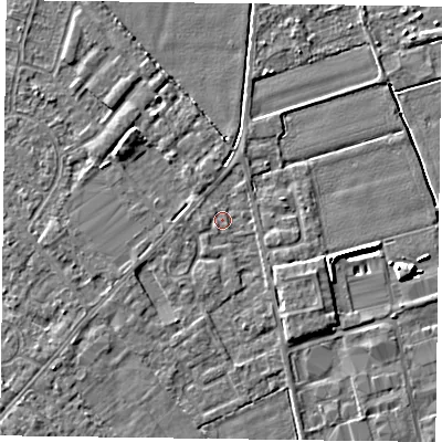 Shaded relief map of the ground around DN84LB, computed from Environment Agency LiDAR. The ground here sits at about 2 m above sea level and falls 5 m across the surrounding 800 m. Surface water reaching this point runs off ground lying to the east-south-east, 2.0 m higher.