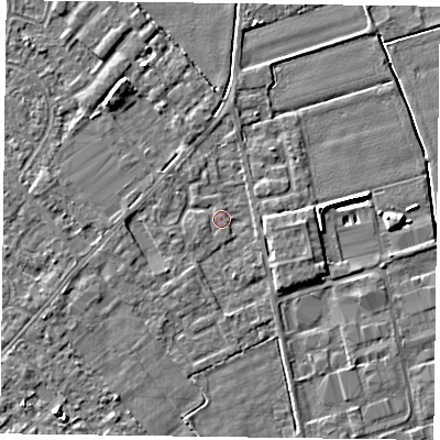 Shaded relief map of the ground around DN84LD, computed from Environment Agency LiDAR. The ground here sits at about 3 m above sea level and falls 7 m across the surrounding 800 m. Surface water reaching this point runs off ground lying to the east, 1.9 m higher.