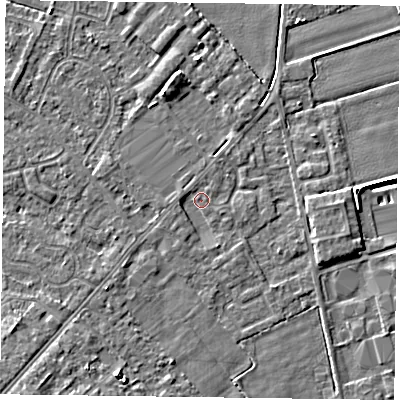 Shaded relief map of the ground around DN84LE, computed from Environment Agency LiDAR. The ground here sits at about 3 m above sea level and falls 6 m across the surrounding 800 m. Surface water reaching this point runs off ground lying to the west-south-west, 1.0 m higher.