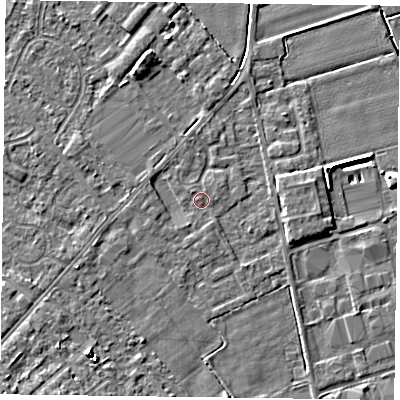 Shaded relief map of the ground around DN84LF, computed from Environment Agency LiDAR. The ground here sits at about 3 m above sea level and falls 7 m across the surrounding 800 m. Surface water reaching this point runs off ground lying to the west-north-west, 1.0 m higher.