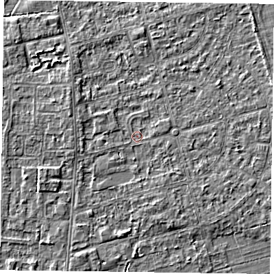 Shaded relief map of the ground around DN84LH, computed from Environment Agency LiDAR. The ground here sits at about 2 m above sea level and falls 4 m across the surrounding 800 m. Surface water reaching this point runs off ground lying to the west-north-west, 1.2 m higher.