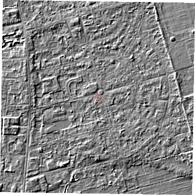 Shaded relief map of the ground around DN84LJ, computed from Environment Agency LiDAR. The ground here sits at about 2 m above sea level and falls 4 m across the surrounding 800 m. Surface water reaching this point runs off ground lying to the south-west, 0.6 m higher.