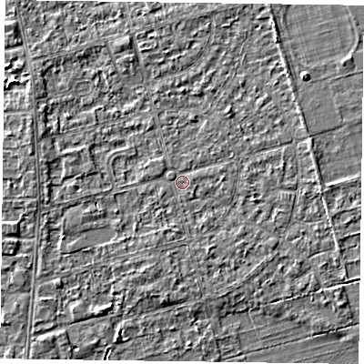 Shaded relief map of the ground around DN84LL, computed from Environment Agency LiDAR. The ground here sits at about 2 m above sea level and falls 4 m across the surrounding 800 m. Surface water reaching this point runs off ground lying to the west-south-west, 0.6 m higher.