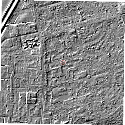 Shaded relief map of the ground around DN84LP, computed from Environment Agency LiDAR. The ground here sits at about 2 m above sea level and falls 5 m across the surrounding 800 m. Surface water reaching this point runs off ground lying to the west-south-west, 1.3 m higher.