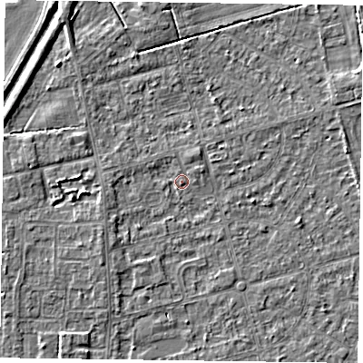Shaded relief map of the ground around DN84LR, computed from Environment Agency LiDAR. The ground here sits at about 2 m above sea level and falls 5 m across the surrounding 800 m. Surface water reaching this point runs off ground lying to the south-west, 1.7 m higher.