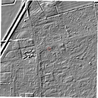 Shaded relief map of the ground around DN84LS, computed from Environment Agency LiDAR. The ground here sits at about 2 m above sea level and falls 5 m across the surrounding 800 m. Surface water reaching this point runs off ground lying to the south-south-west, 1.7 m higher.