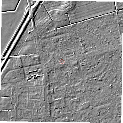 Shaded relief map of the ground around DN84LT, computed from Environment Agency LiDAR. The ground here sits at about 2 m above sea level and falls 5 m across the surrounding 800 m. The ground contributing surface water to this point lies to the south-west.