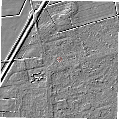 Shaded relief map of the ground around DN84LU, computed from Environment Agency LiDAR. The ground here sits at about 2 m above sea level and falls 5 m across the surrounding 800 m. Surface water reaching this point runs off ground lying to the south-west, 0.9 m higher.