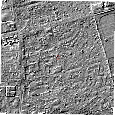 Shaded relief map of the ground around DN84LW, computed from Environment Agency LiDAR. The ground here sits at about 2 m above sea level and falls 4 m across the surrounding 800 m. Surface water reaching this point runs off ground lying to the west-south-west, 1.3 m higher.