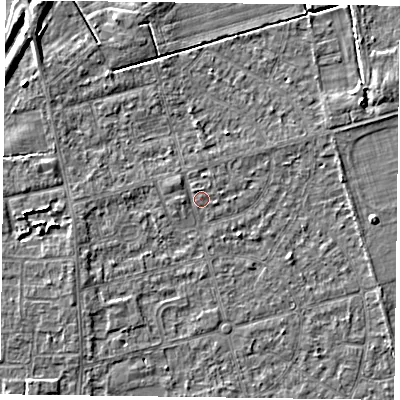 Shaded relief map of the ground around DN84LX, computed from Environment Agency LiDAR. The ground here sits at about 2 m above sea level and falls 4 m across the surrounding 800 m. Surface water reaching this point runs off ground lying to the south-west, 1.7 m higher.