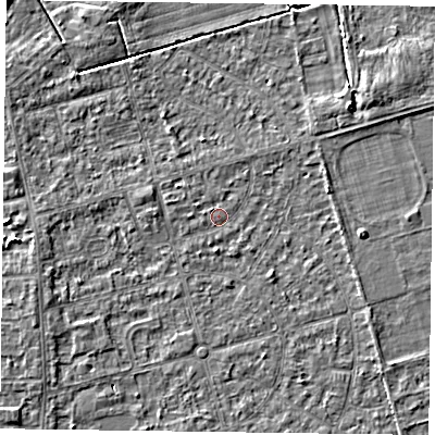 Shaded relief map of the ground around DN84LY, computed from Environment Agency LiDAR. The ground here sits at about 2 m above sea level and falls 4 m across the surrounding 800 m. Surface water reaching this point runs off ground lying to the west-south-west, 1.7 m higher.