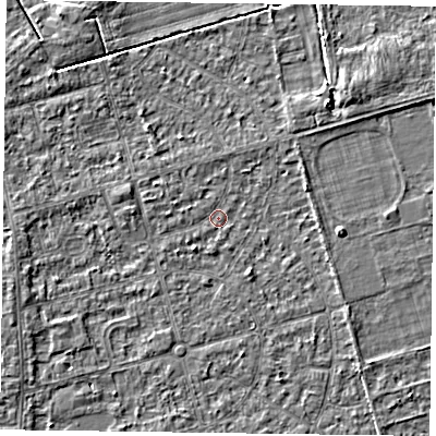 Shaded relief map of the ground around DN84LZ, computed from Environment Agency LiDAR. The ground here sits at about 2 m above sea level and falls 4 m across the surrounding 800 m. Surface water reaching this point runs off ground lying to the south-west, 0.9 m higher.