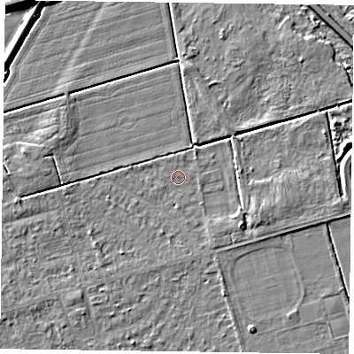 Shaded relief map of the ground around DN84ND, computed from Environment Agency LiDAR. The ground here sits at about 2 m above sea level and falls 9 m across the surrounding 800 m. Surface water reaching this point runs off ground lying to the south-east, 3.1 m higher.