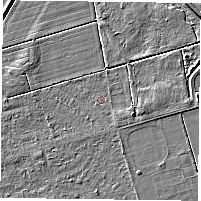 Shaded relief map of the ground around DN84NE, computed from Environment Agency LiDAR. The ground here sits at about 2 m above sea level and falls 5 m across the surrounding 800 m. Surface water reaching this point runs off ground lying to the east-south-east, 3.1 m higher.