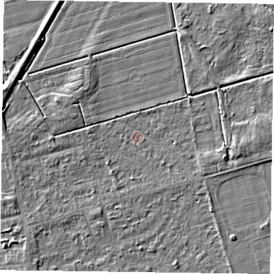 Shaded relief map of the ground around DN84NF, computed from Environment Agency LiDAR. The ground here sits at about 2 m above sea level and falls 4 m across the surrounding 800 m. Surface water reaching this point runs off ground lying to the east-south-east, 3.1 m higher.