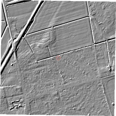 Shaded relief map of the ground around DN84NG, computed from Environment Agency LiDAR. The ground here sits at about 2 m above sea level and falls 6 m across the surrounding 800 m. Surface water reaching this point runs off ground lying to the east-south-east, 3.5 m higher.