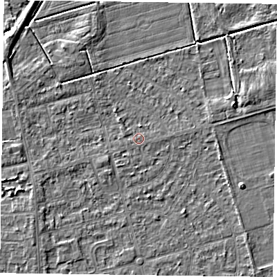Shaded relief map of the ground around DN84NH, computed from Environment Agency LiDAR. The ground here sits at about 2 m above sea level and falls 4 m across the surrounding 800 m. Surface water reaching this point runs off ground lying to the west, 0.6 m higher.