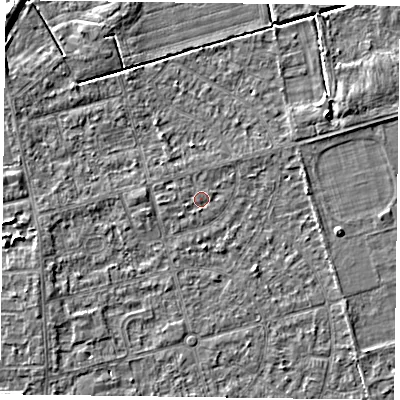 Shaded relief map of the ground around DN84NJ, computed from Environment Agency LiDAR. The ground here sits at about 2 m above sea level and falls 4 m across the surrounding 800 m. Surface water reaching this point runs off ground lying to the west-south-west, 1.7 m higher.