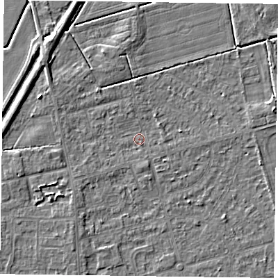 Shaded relief map of the ground around DN84NL, computed from Environment Agency LiDAR. The ground here sits at about 2 m above sea level and falls 5 m across the surrounding 800 m. Surface water reaching this point runs off ground lying to the south, 1.2 m higher.