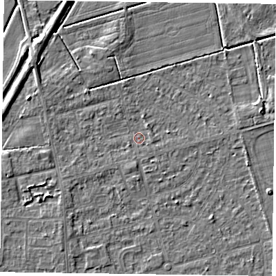 Shaded relief map of the ground around DN84NN, computed from Environment Agency LiDAR. The ground here sits at about 2 m above sea level and falls 5 m across the surrounding 800 m. Surface water reaching this point runs off ground lying to the south, 0.8 m higher.
