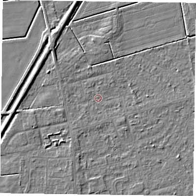 Shaded relief map of the ground around DN84NP, computed from Environment Agency LiDAR. The ground here sits at about 2 m above sea level and falls 5 m across the surrounding 800 m. Surface water reaching this point runs off ground lying to the west-north-west, 3.5 m higher.