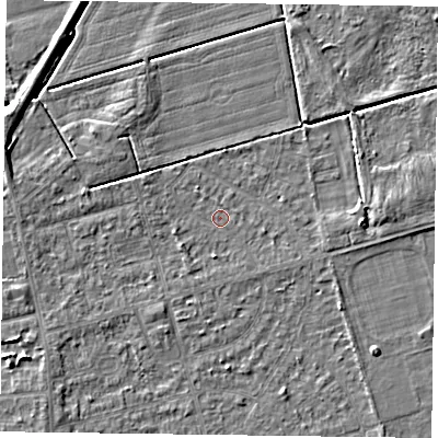 Shaded relief map of the ground around DN84NQ, computed from Environment Agency LiDAR. The ground here sits at about 2 m above sea level and falls 4 m across the surrounding 800 m. Surface water reaching this point runs off ground lying to the east, 3.1 m higher.