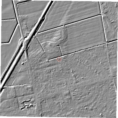 Shaded relief map of the ground around DN84NR, computed from Environment Agency LiDAR. The ground here sits at about 2 m above sea level and falls 5 m across the surrounding 800 m. Surface water reaching this point runs off ground lying to the west, 2.1 m higher.