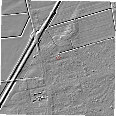 Shaded relief map of the ground around DN84NS, computed from Environment Agency LiDAR. The ground here sits at about 2 m above sea level and falls 5 m across the surrounding 800 m. Surface water reaching this point runs off ground lying to the west, 1.1 m higher.