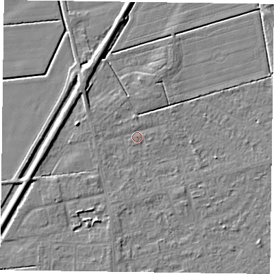 Shaded relief map of the ground around DN84NT, computed from Environment Agency LiDAR. The ground here sits at about 2 m above sea level and falls 5 m across the surrounding 800 m. Surface water reaching this point runs off ground lying to the west-north-west, 1.1 m higher.