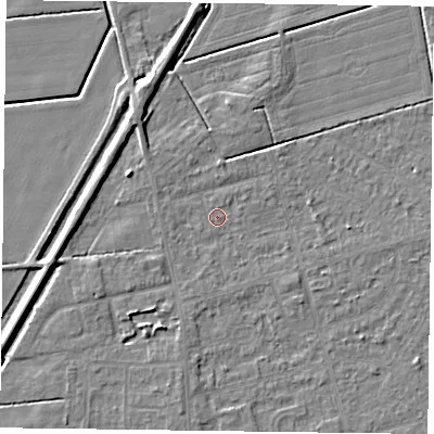 Shaded relief map of the ground around DN84NU, computed from Environment Agency LiDAR. The ground here sits at about 2 m above sea level and falls 5 m across the surrounding 800 m. The ground contributing surface water to this point lies to the south-south-west.