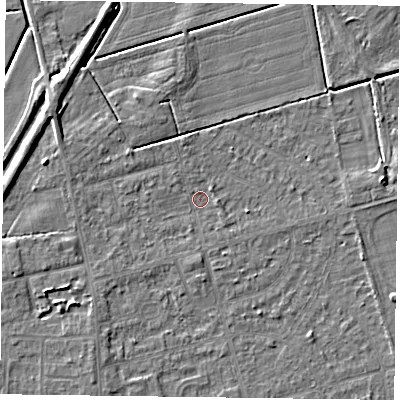 Shaded relief map of the ground around DN84NW, computed from Environment Agency LiDAR. The ground here sits at about 2 m above sea level and falls 5 m across the surrounding 800 m. Surface water reaching this point runs off ground lying to the west-south-west, 2.5 m higher.